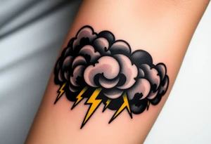 Black dark menacing storm clouds with eerie yellow lightning bolts tattoo idea