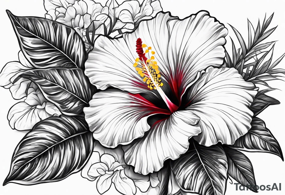 hibiscus flower with the word amor shaped as the stem for the flower tattoo idea