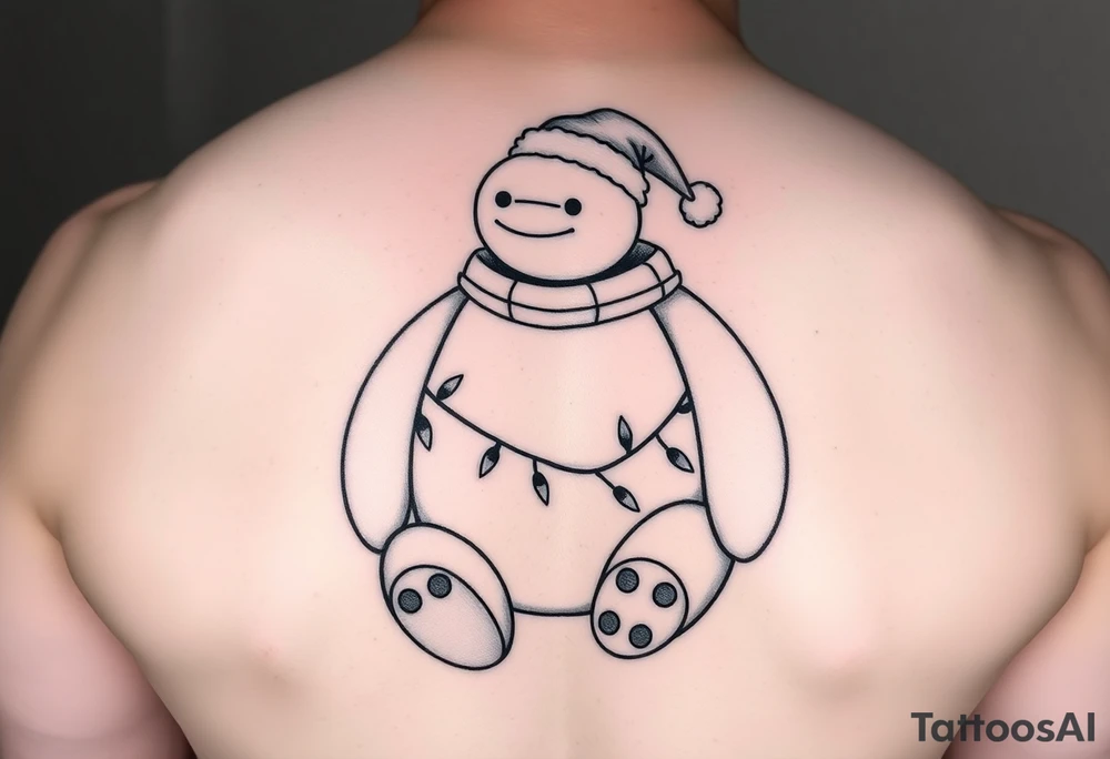 Disney Christmas themed sitting Baymax  wrapped up in Christmas lights and Santa hat tattoo idea