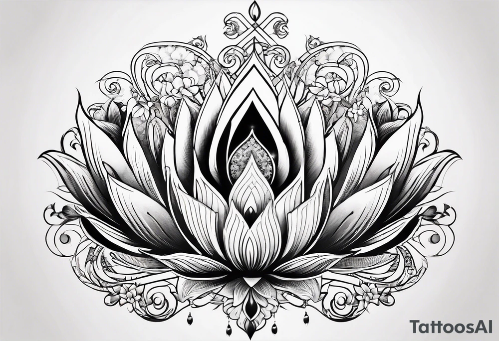 one vertical tattoo that combines lotus flower, phoenix and helix, strength and resilience symbols tattoo idea