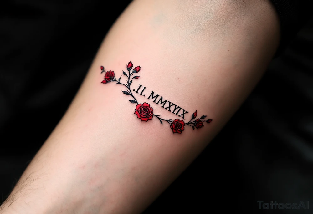 I.I.MMXIX written in pure black ink along the forearm with red rose vines delicately wrapping around. tattoo idea