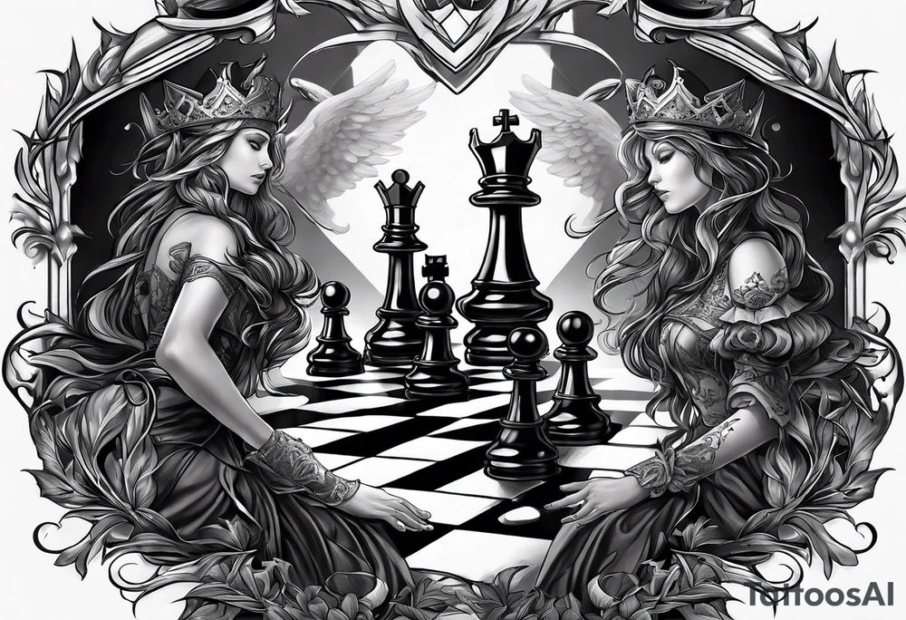 Capture the intense moment of checkmate in the game, with the angelic queen delivering the final move, signaling the triumph of good over evil in this strategic battle. tattoo idea