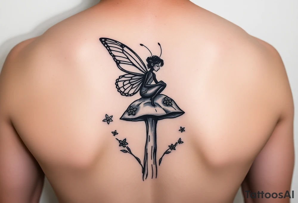 Butterfly fairy sitting on mushroom with fireflies tattoo idea