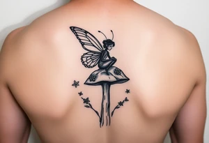 Butterfly fairy sitting on mushroom with fireflies tattoo idea