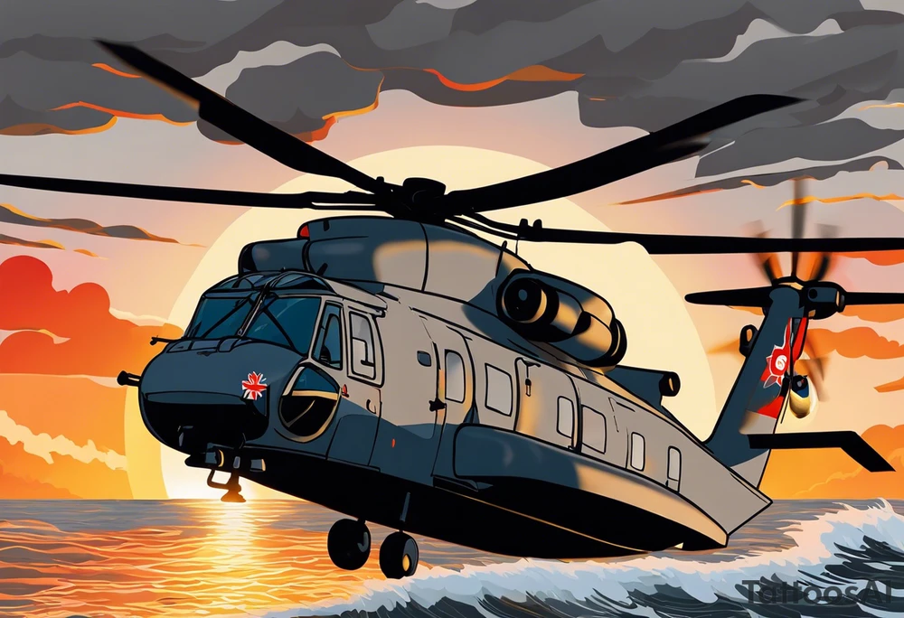 Canadian military grey CH-148 Cyclone helicopter soaring low over rough, ocean waves. The sun is setting, casting a dramatic glow on the scene with realistic clouds and a specular reflection of the helicopter on the water. The helicopter should be the main focus, with intricate details and a sense of motion. In the background, a poppy be prominently displayed tattoo idea