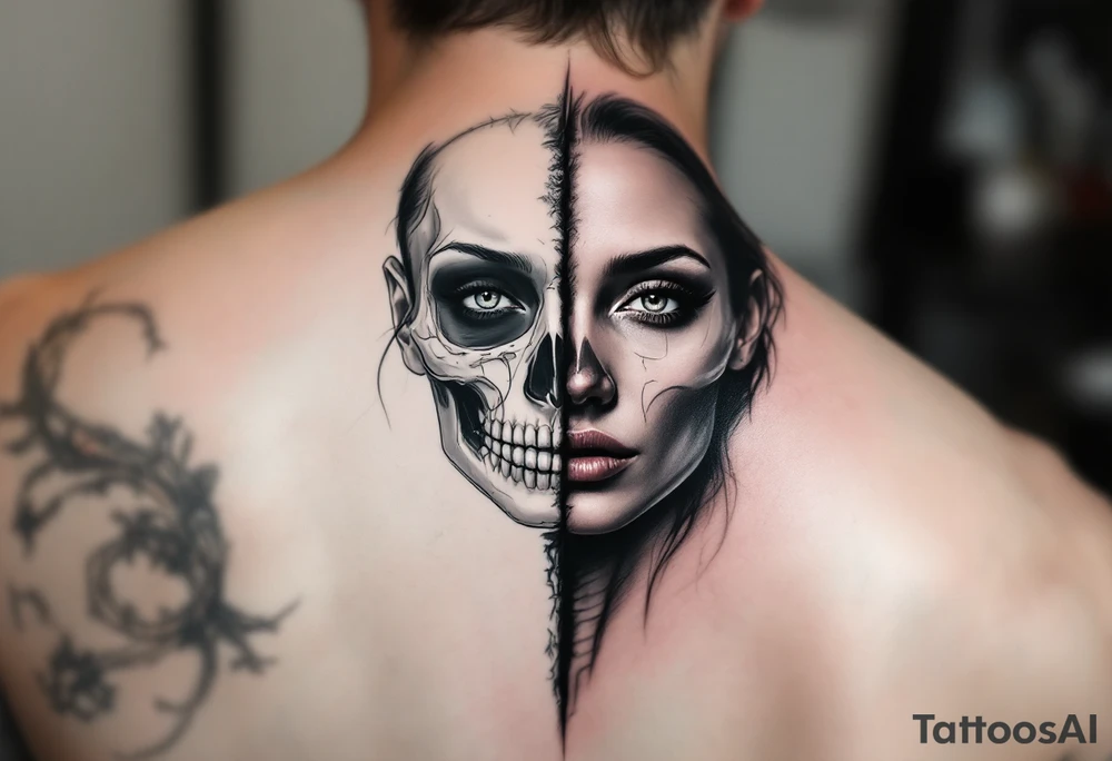 Half-Skeleton, Half-Woman Face – A realistic woman’s face split down the middle, revealing a silver-white skeleton on one side, while the other side remains beautifully human, creating a striking contrast. tattoo idea