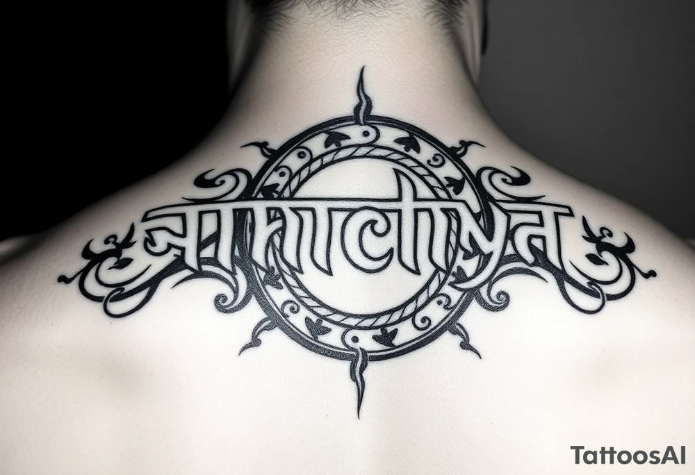 Create a tattoo that writes the Hindi word "Anichya" with A circle or spiral, which represents the cyclical nature of life and death tattoo idea