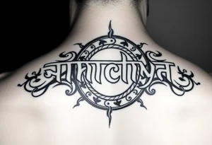 Create a tattoo that writes the Hindi word "Anichya" with A circle or spiral, which represents the cyclical nature of life and death tattoo idea