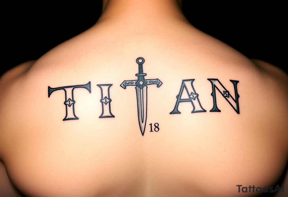 Name ‘Titan’ with birthday, Greek mythology inspired font with mini swords the T in Titan is a sword tattoo idea