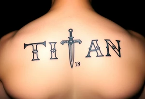 Name ‘Titan’ with birthday, Greek mythology inspired font with mini swords the T in Titan is a sword tattoo idea