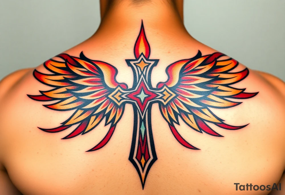 A flaming cross with phoenix wings, colored in shades of red, orange, and yellow, symbolizing rebirth tattoo idea