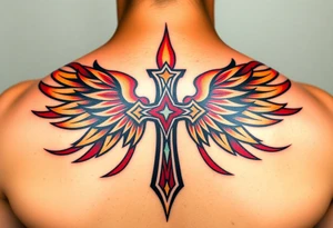 A flaming cross with phoenix wings, colored in shades of red, orange, and yellow, symbolizing rebirth tattoo idea