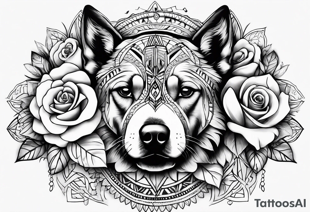 Quero uma manga com um relógio  de bolso, 3 rosas, as patas de um cão  e tudo com um fundo em tribal tattoo idea