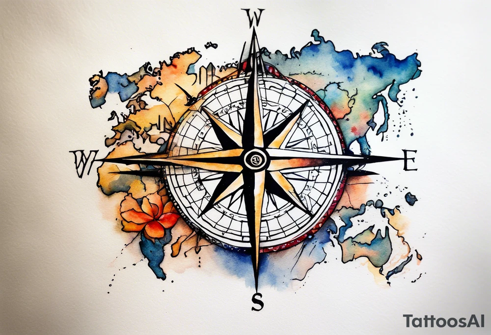 Travel themed for thigh, compass rose overlaid with a map spilled watercolor and tiny C130 silhouette tattoo idea