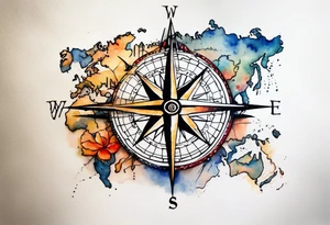 Travel themed for thigh, compass rose overlaid with a map spilled watercolor and tiny C130 silhouette tattoo idea