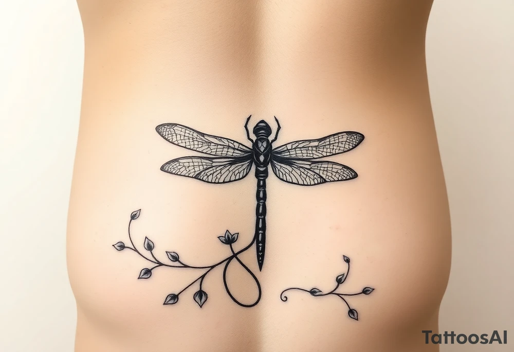 Vibrant vine like tattoo to go from hip to hip to cover my scar across my lower abdomen. It should not be more than 1.5 inches in width. Include symbols of hope and pain like a dragonfly with a scalpel to  represent everything I went through with breast cancer. tattoo idea