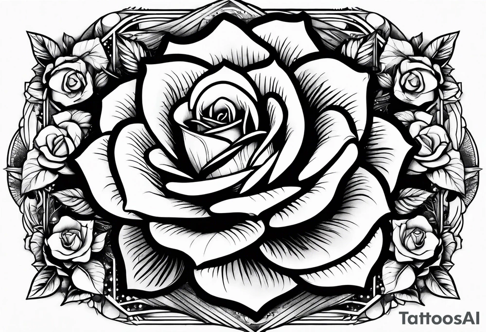 Tesseract with a field of roses and stars around it tattoo idea