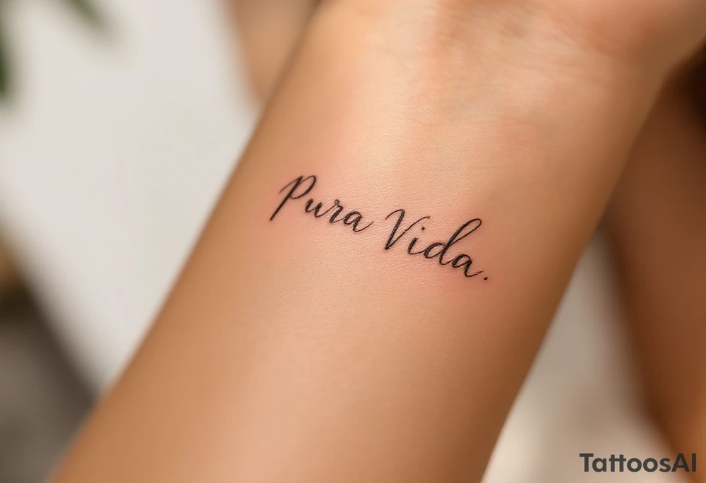 “Pura Vida” in white ink across a tan skin tone, with subtle shadowing for a sun-kissed effect. tattoo idea