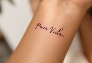 “Pura Vida” in white ink across a tan skin tone, with subtle shadowing for a sun-kissed effect. tattoo idea