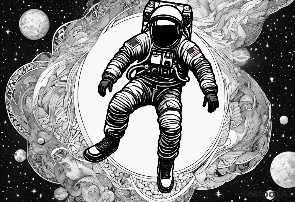 An astronaut floating in a jumping man pose with 1990's air jordan shoes on his feet tattoo idea
