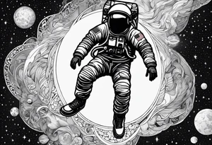 An astronaut floating in a jumping man pose with 1990's air jordan shoes on his feet tattoo idea