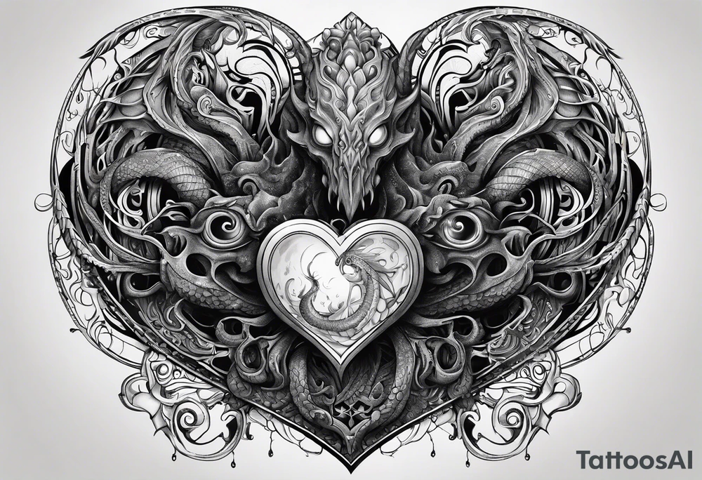 Long tattoo. Lovecraftian creature protecting a heart. tattoo idea