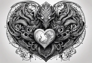 Long tattoo. Lovecraftian creature protecting a heart. tattoo idea