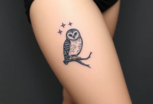 Barn owl perched on ancient oak branch under starlit sky tattoo idea