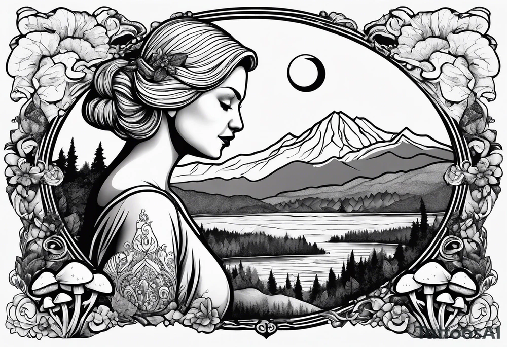 Older blonde fat woman no makeup surrounded by mushrooms mountains crescent moon background tattoo idea