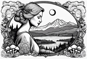 Older blonde fat woman no makeup surrounded by mushrooms mountains crescent moon background tattoo idea