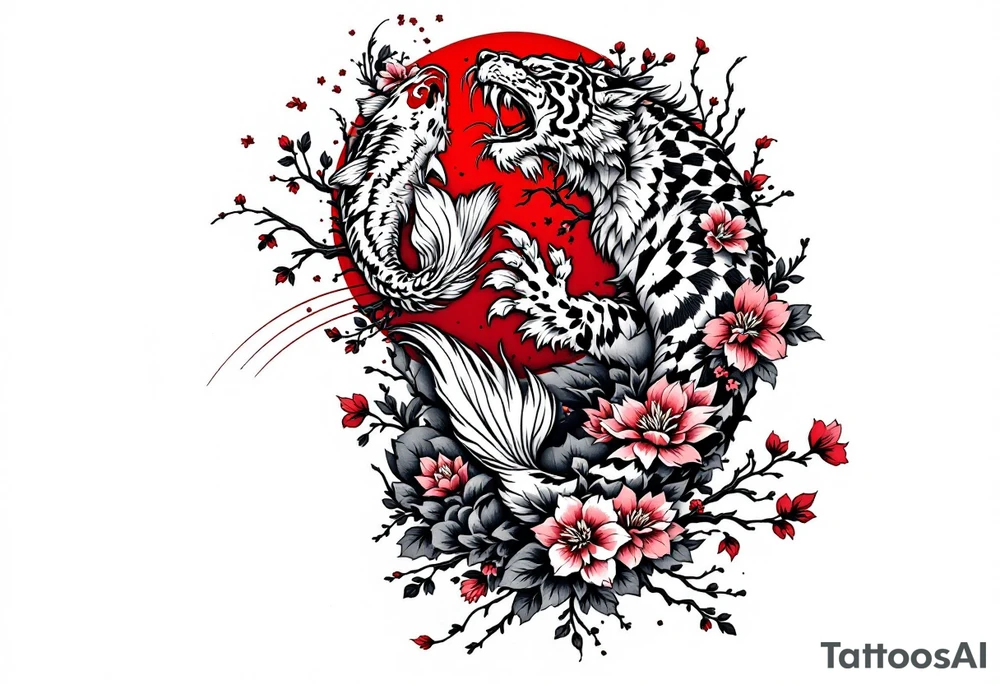 Full arm sleeve, one koi fish, one tiger, the sun, cherry blossom filler, beautiful tattoo idea