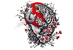 Full arm sleeve, one koi fish, one tiger, the sun, cherry blossom filler, beautiful tattoo idea