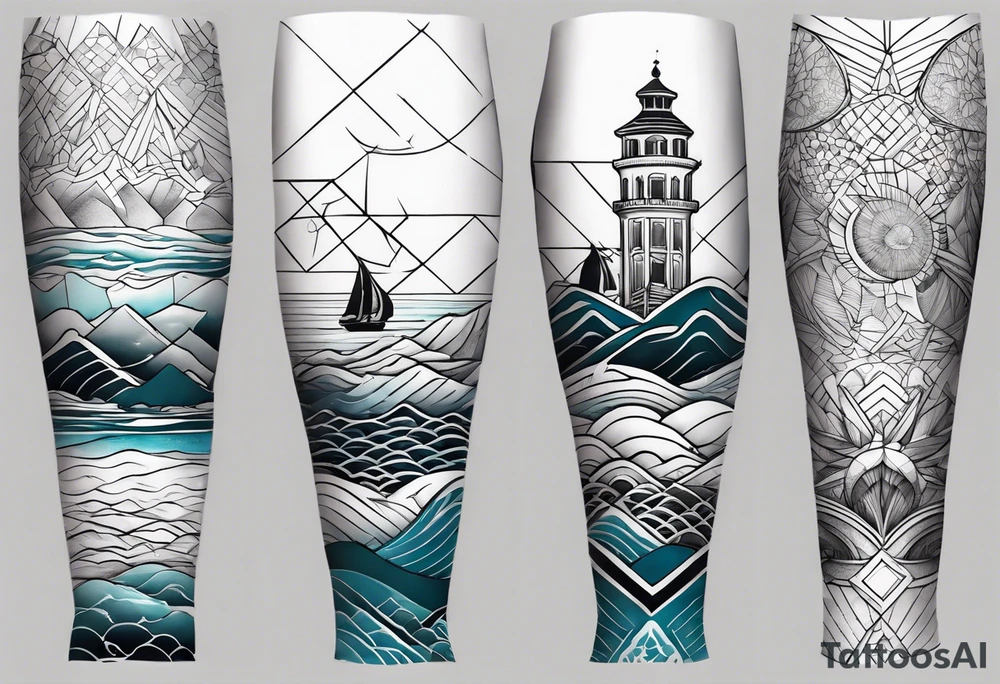 geometric full male leg sleeve ocean tattoo idea