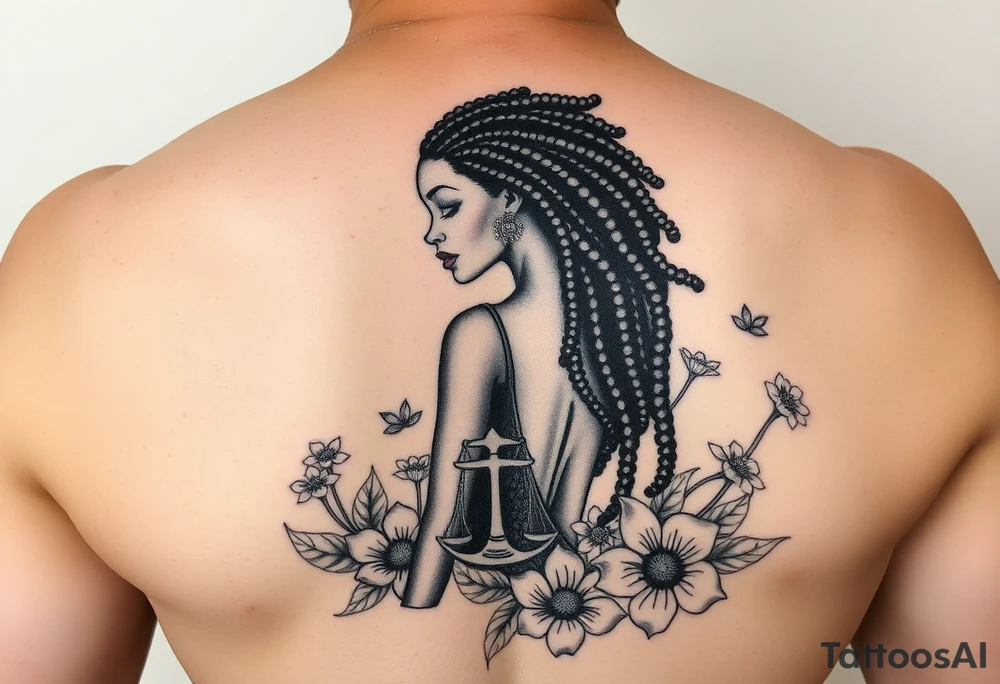 Mermaid, black woman, garden, and flowers, libra, hairstyle of loc include libra symbol tattoo idea
