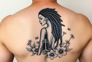 Mermaid, black woman, garden, and flowers, libra, hairstyle of loc include libra symbol tattoo idea