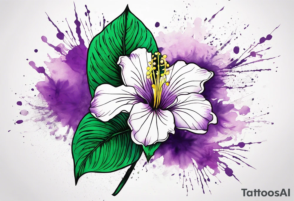 An outline of a rio dipladenia flower with a green/purple watercolor splash in the background tattoo idea
