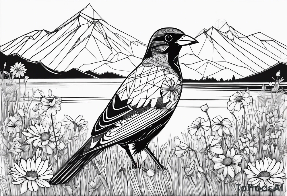 Geometric Black and white bird outline sitting in grass and daisys with mountains in the background tattoo idea