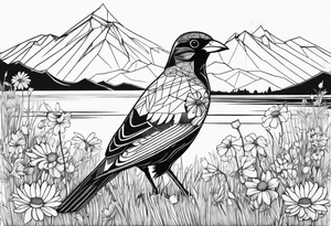 Geometric Black and white bird outline sitting in grass and daisys with mountains in the background tattoo idea