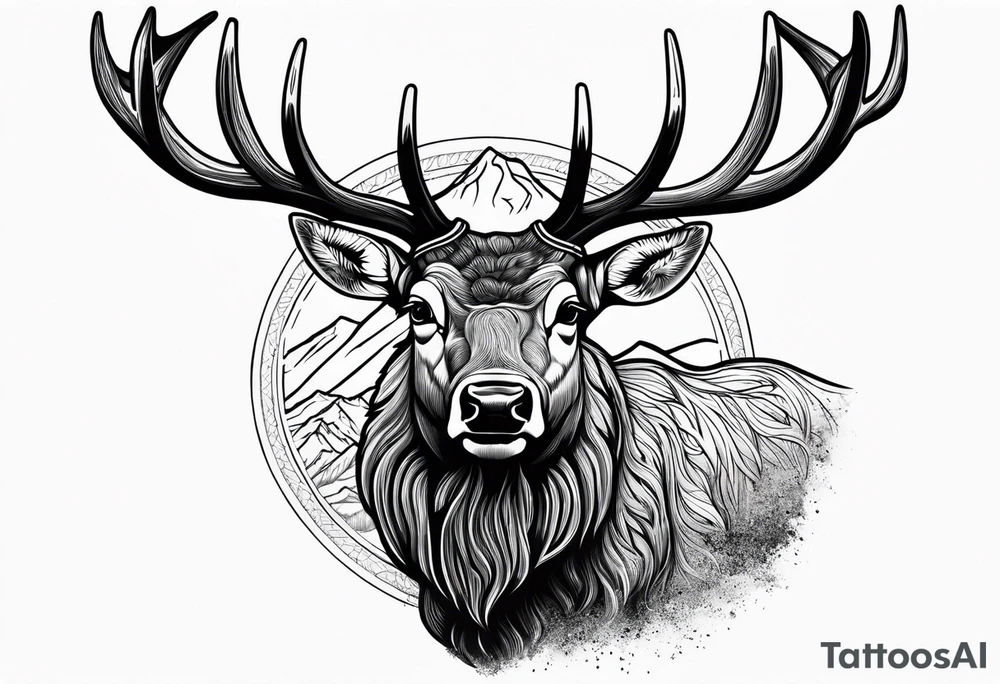 bull elk with mountain landscape in the background tattoo idea