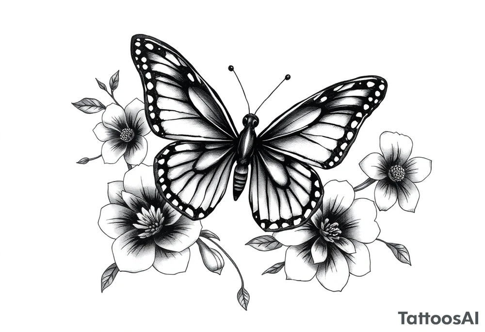blackink work and shading butterfly with birth flowers around (February birth flower, March birth flower, april birth flower, august birth flower, november birth flowe, september birth flower, december birth flower) tattoo idea