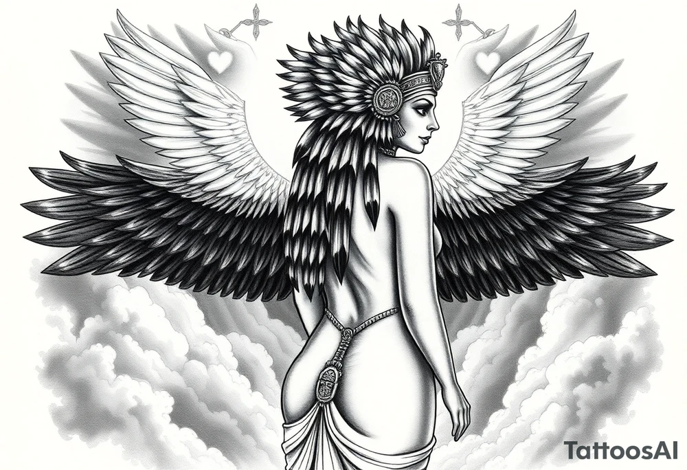 Sexy Egyptian goddess with a curvy body, slightly turned So you can see her ass. She is wearing an ostrich feather headdress, and intricate ancient Egyptian jewelry. Background includes something similar to heaven. Incorporate the Scales of Justice—one side holding a heart, the other Ma’at’s feather—glowing with ethereal energy. Emphasize dramatic lighting, deep shadows, and surreal, mystical atmosphere tattoo idea