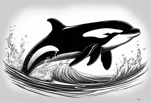 A male orca, black tattoo, 6-7 cm. sun beams in water, male orca diving down, tattoo viewpoint is half in water half out, maybe the big male dorsal fin is out of water on top if it looks good. tattoo idea