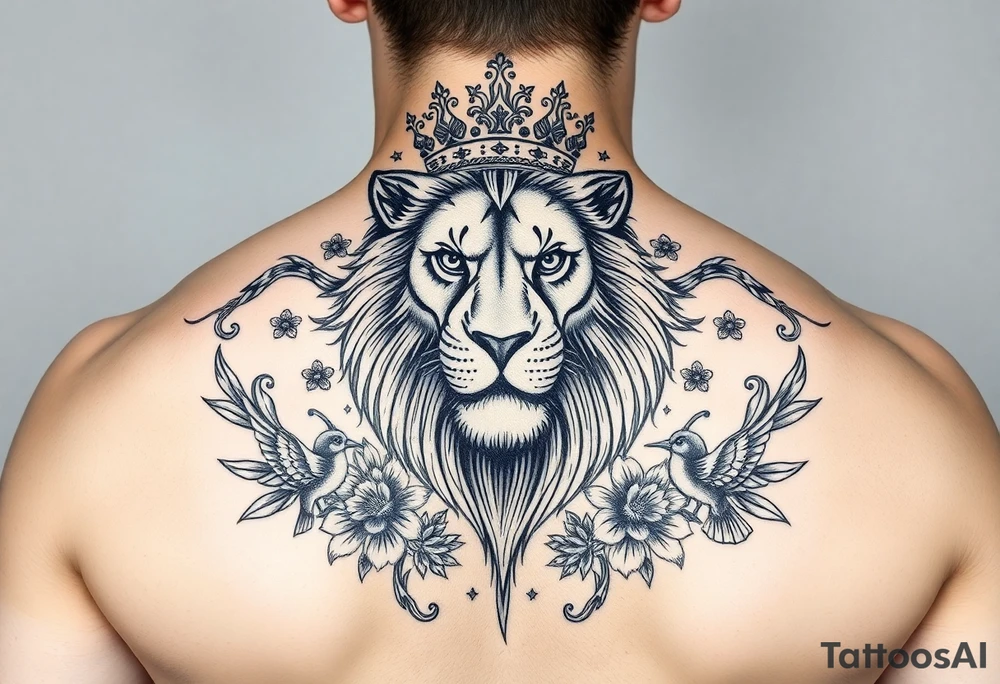 powerful majestic lion with a crown, surrounded by floral ornaments and birds tattoo idea