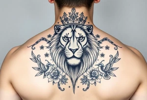 powerful majestic lion with a crown, surrounded by floral ornaments and birds tattoo idea