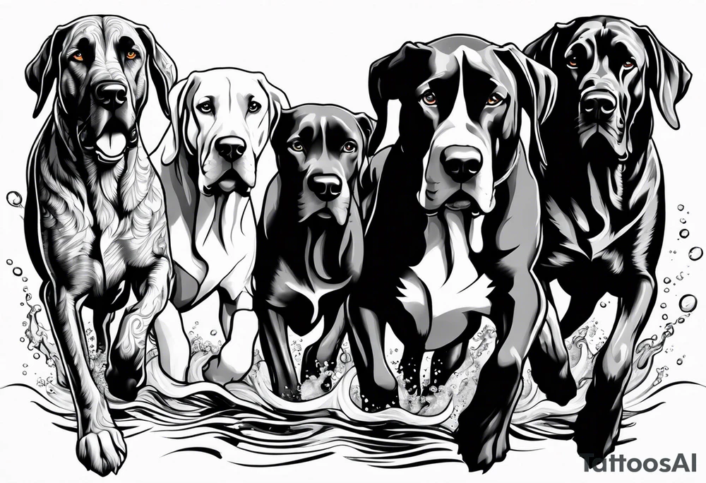 (full arm sleeve on guy) with (4) Four Great Dane floppy ear dogs running together into water tattoo idea