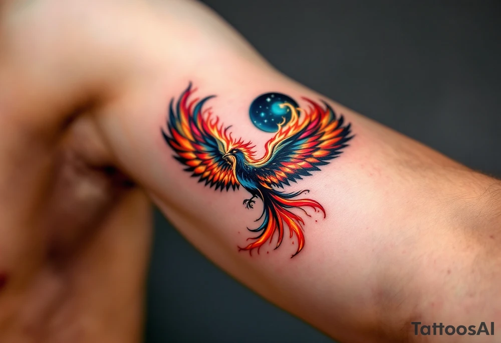Firebird (Zhar-Ptitsa) – A mythical bird with glowing red, orange, and gold plumage, trailing embers and flying across a midnight blue sky. tattoo idea