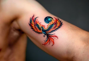Firebird (Zhar-Ptitsa) – A mythical bird with glowing red, orange, and gold plumage, trailing embers and flying across a midnight blue sky. tattoo idea
