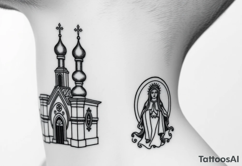 medium traditional russian orthodox church with russian coat arms and virgin mary on the side of your neck tattoo idea