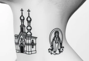 medium traditional russian orthodox church with russian coat arms and virgin mary on the side of your neck tattoo idea
