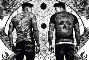 2 black shadows of people standing over 2 dead siloets tattoo idea